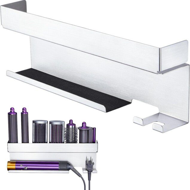 Support mural en acier inoxydable pour sèche-cheveux et lisseur : un rangement élégant et pratique pour les coiffeurs à domicile
