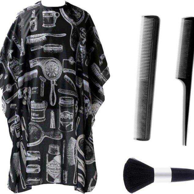 Cape de coiffure professionnelle : 4 pièces indispensables pour coiffeurs et salons   Robe de coiffure avec brosse plumeau et peigne pour des coupes impeccables