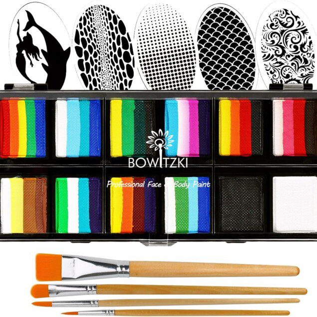 Kit de peinture faciale professionnelle : créativité pour enfants et adultes avec 12 couleurs non toxiques et pochoirs amusants
