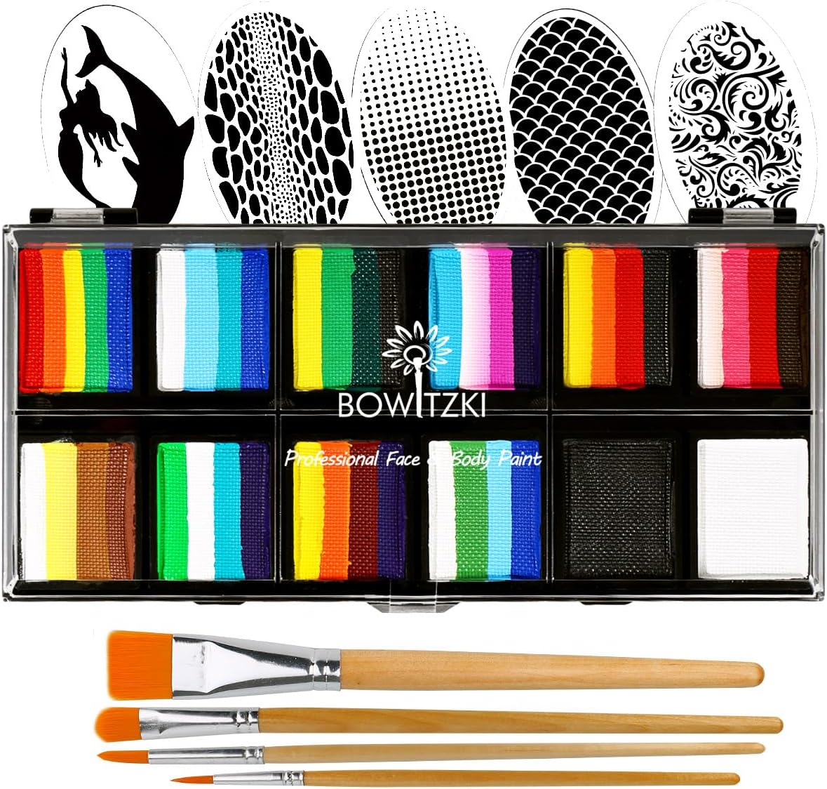 Kit de peinture faciale professionnelle : créativité pour enfants et adultes avec 12 couleurs non toxiques et pochoirs amusants