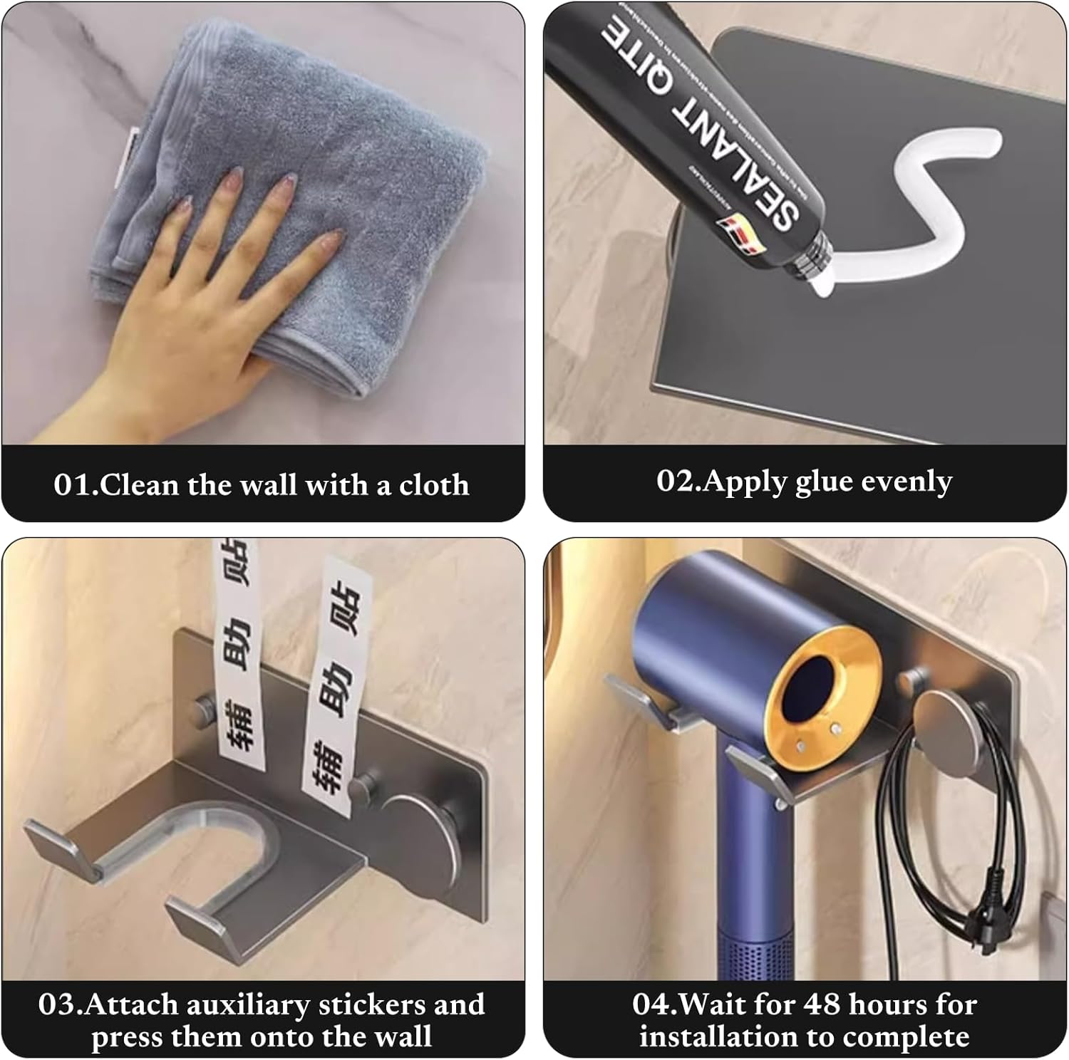 Support de sèche cheveux : solution pratique et élégante pour votre salle de bain Support mural universel avec coussinet en silicone, idéal sans perçage – Image 5