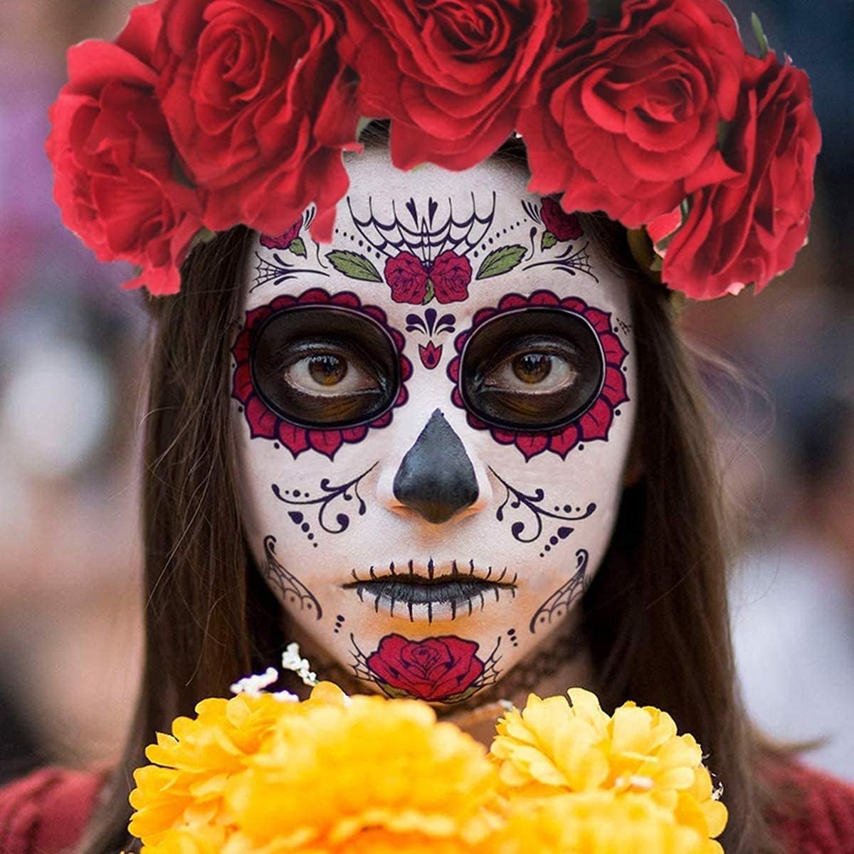 Tatouage temporaire du visage : 8 autocollants de crâne de sucre pour un maquillage Halloween captivant – Image 6