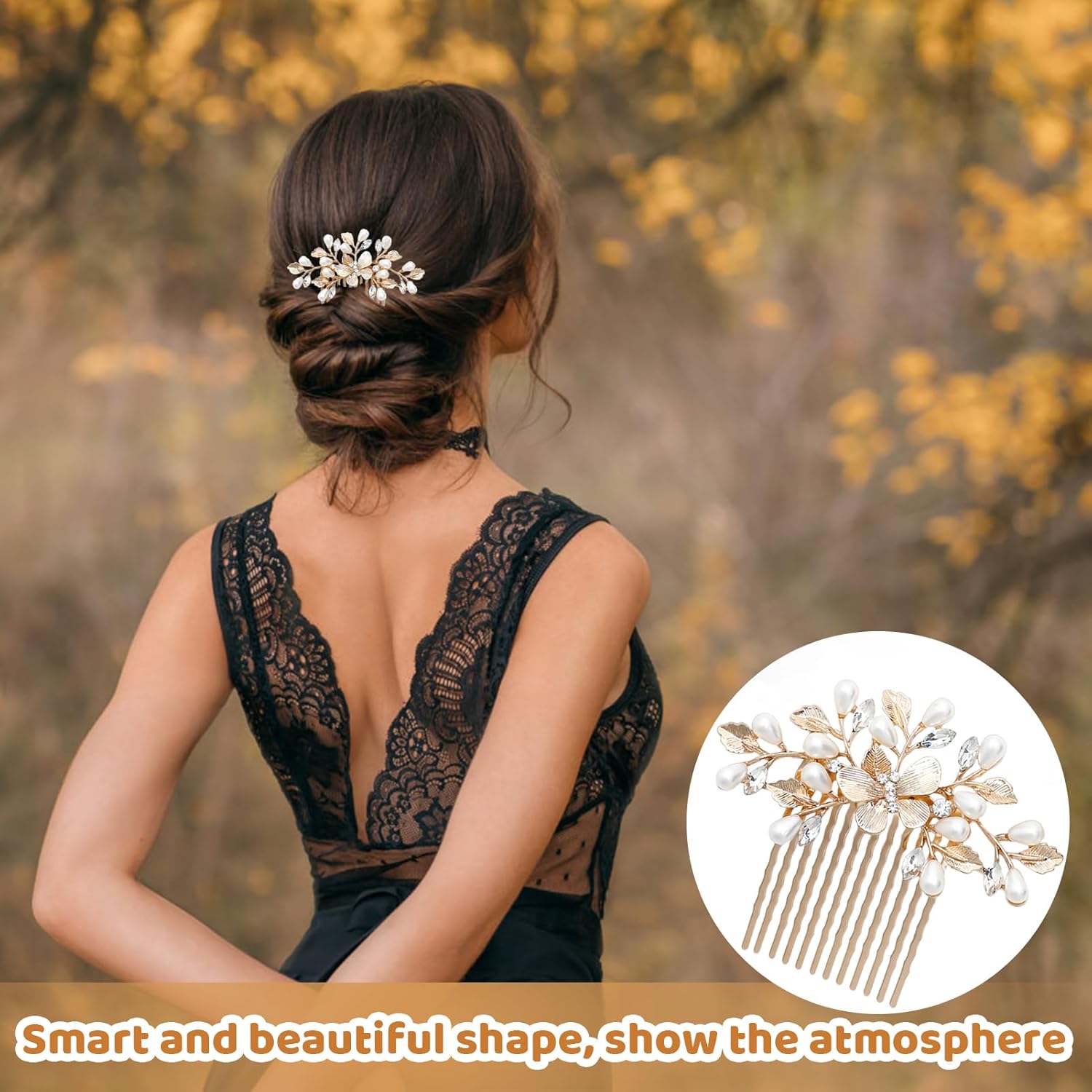 Peigne à cheveux doré : accessoire élégant pour mariées et filles avec perles et feuilles, idéal pour mariages, bals et occasions spéciales – Image 5
