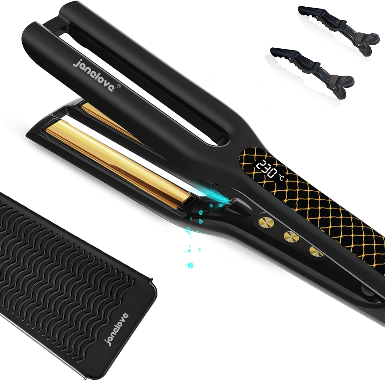 Fer à lisser double plaque en titane doré : pour des cheveux lisses et brillants jusqu'à 230 °C, avec 16 réglages de chaleur