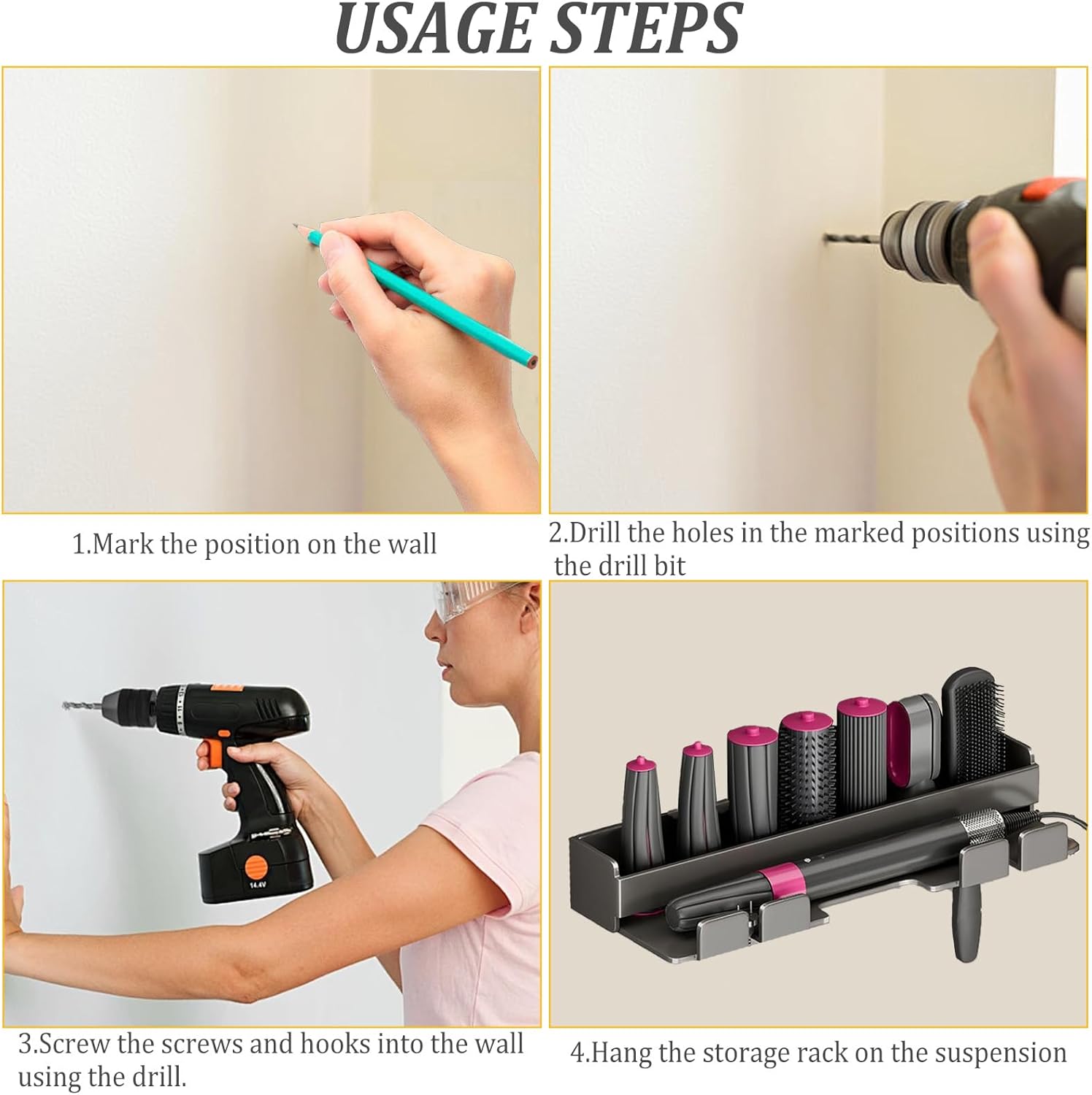Support mural sans perçage pour sèche-cheveux 7 en 1 : l'accessoire idéal pour la salle de bain Optimisez votre espace avec ce support polyvalent pour fer à friser et fer à lisser DysonAirwrap en gris – Image 7