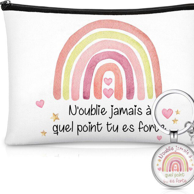 Trousse à maquillage inspirante : un cadeau original pour dames et amies Set de 2 pièces avec porte-clé motivationnel pour embellir votre quotidien