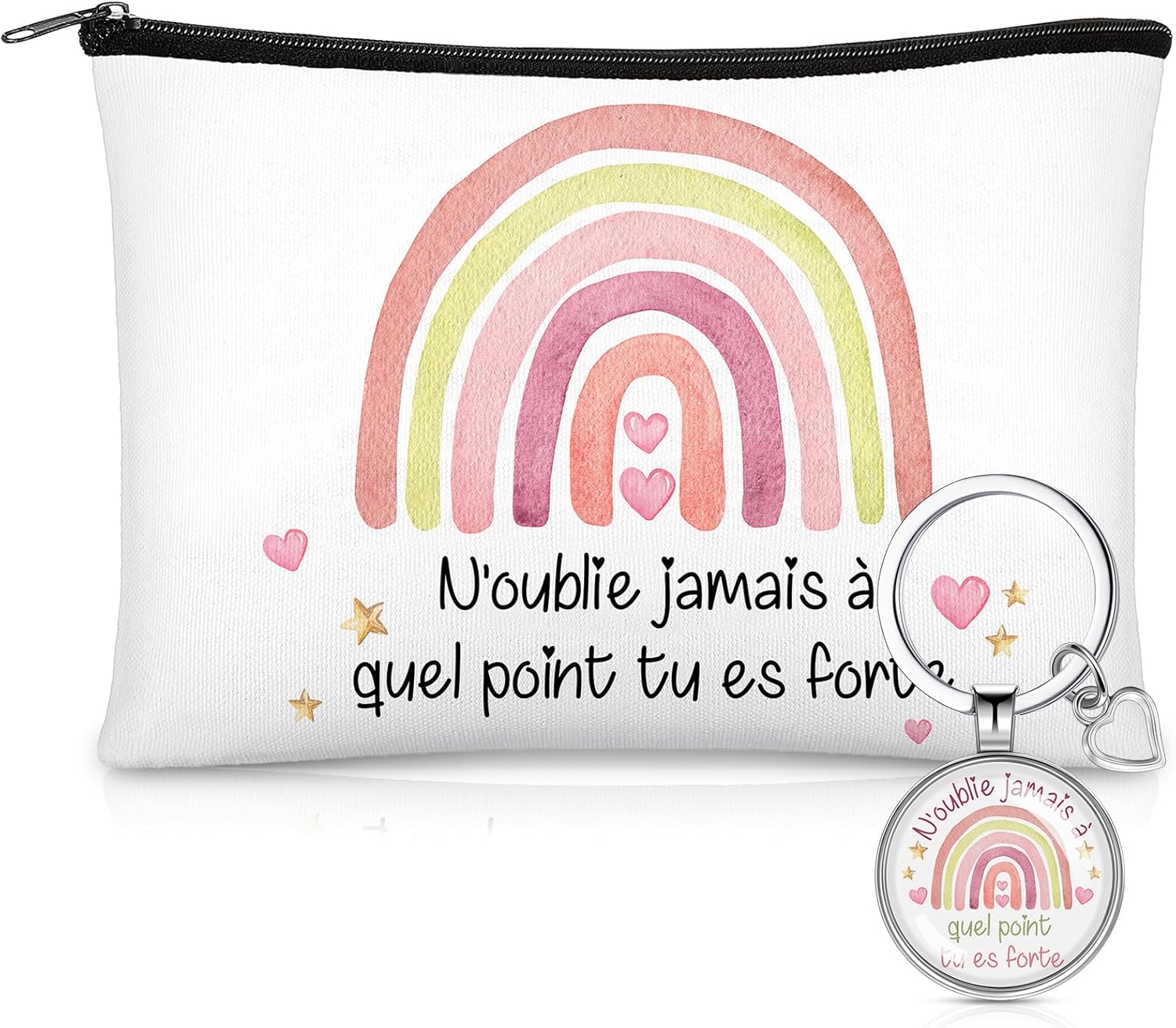 Trousse à maquillage inspirante : un cadeau original pour dames et amies Set de 2 pièces avec porte-clé motivationnel pour embellir votre quotidien