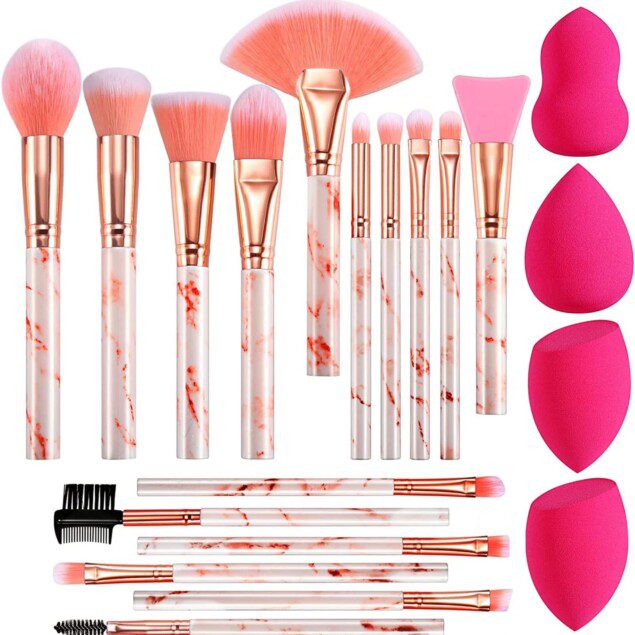 Pinceaux de maquillage professionnels : 16 bâtonnets en marbre et 4 éponges pour un teint parfait