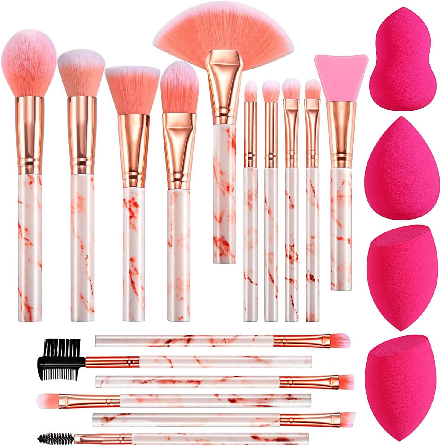 Pinceaux de maquillage professionnels : 16 bâtonnets en marbre et 4 éponges pour un teint parfait