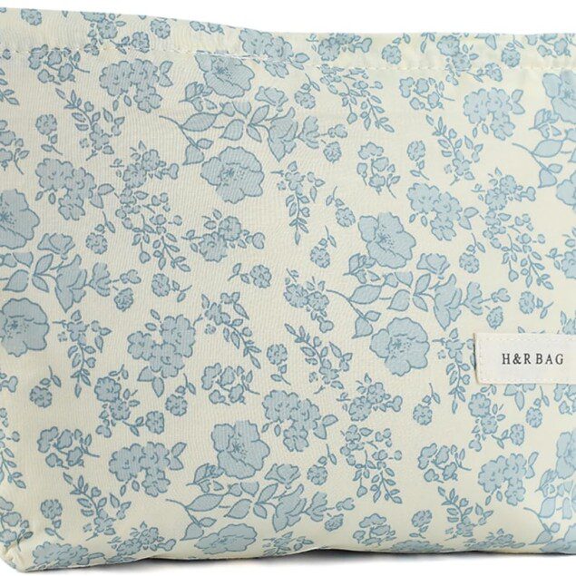 Trousse de maquillage élégante : pochette double couche pour femme et étudiante en fleurs bleues, idéale pour vos voyages et soirées