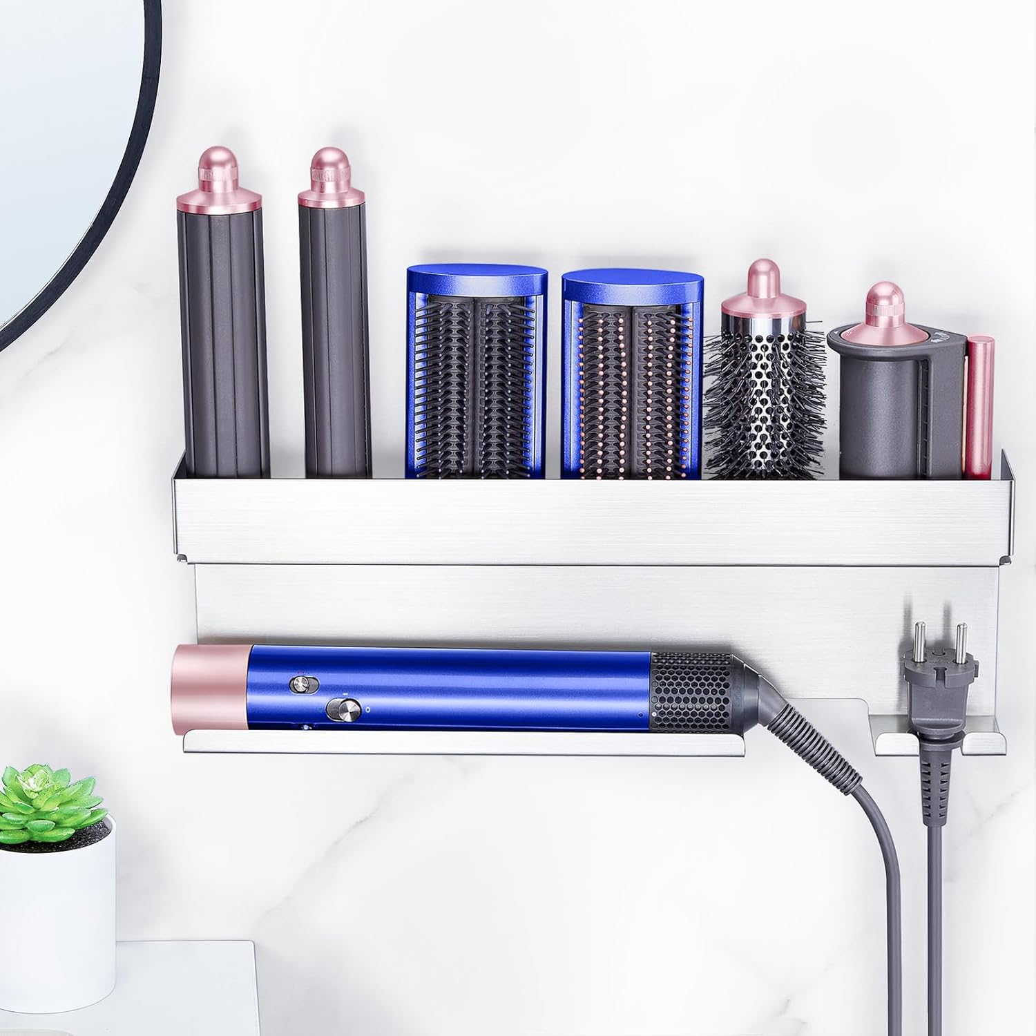 Support sèche cheveux mural en acier inoxydable : rangement élégant pour coiffeurs et amateurs de coiffure