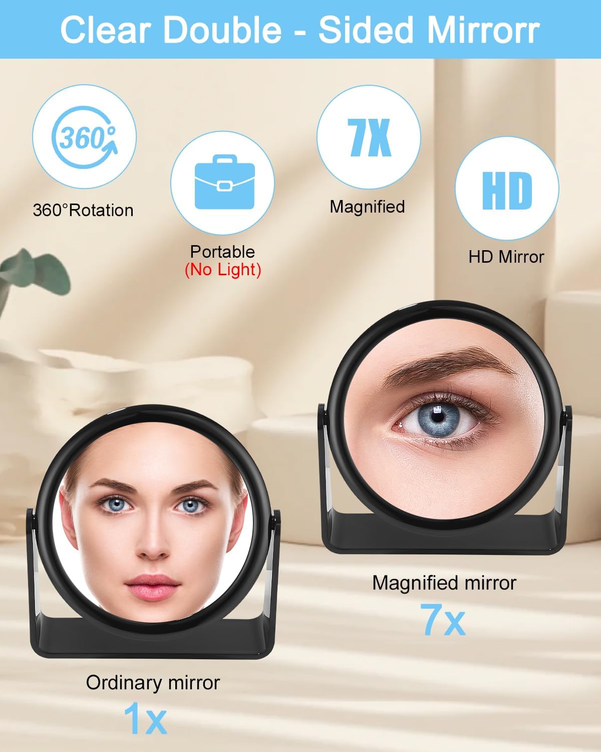 Miroir de table noir : miroir grossissant double face pour un maquillage parfait avec rotation à 360° – Image 3