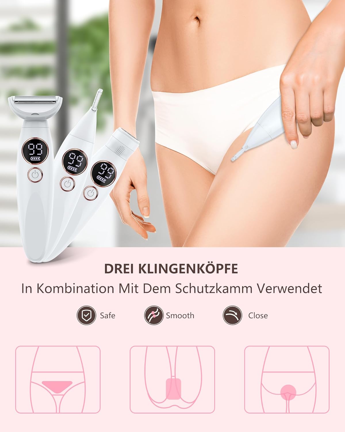 Rasoir électrique femme 3-en-1 : épilation douce et précise pour bikini, aisselles et jambes Profitez d'une autonomie de 120 minutes et d'un affichage LED pour une utilisation facile et efficace – Image 4