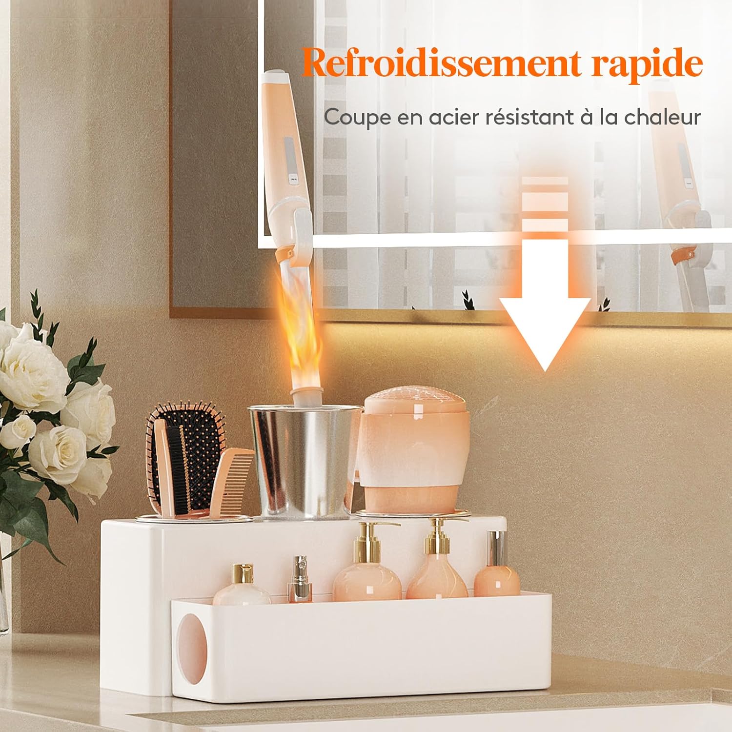 Support pour sèche-cheveux et fer à lisser : rangement élégant pour salle de bain Organisateur pratique en blanc pour une coiffeuse toujours rangée – Image 5