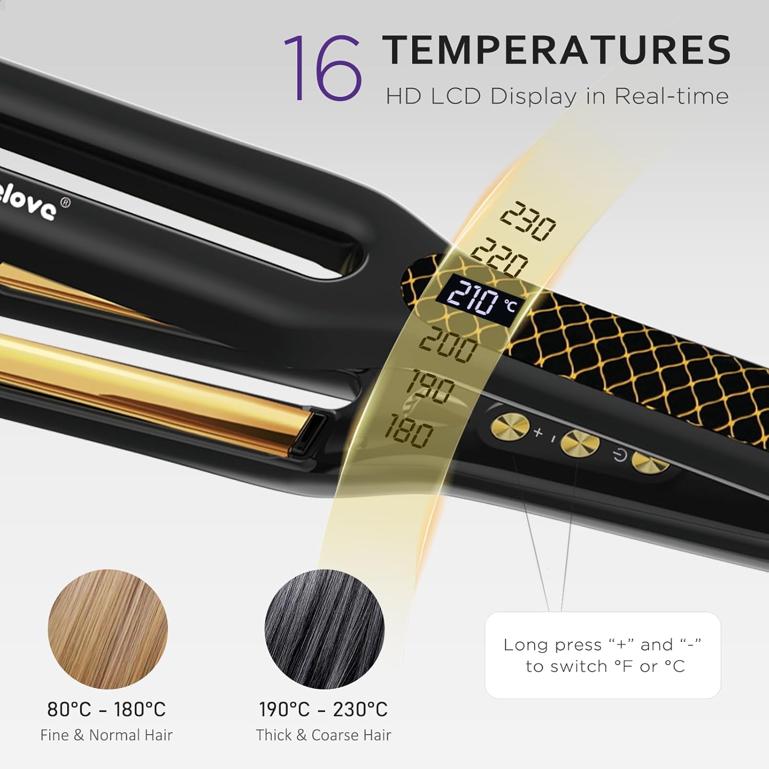 Fer à lisser double plaque en titane doré : pour des cheveux lisses et brillants jusqu'à 230 °C, avec 16 réglages de chaleur – Image 4