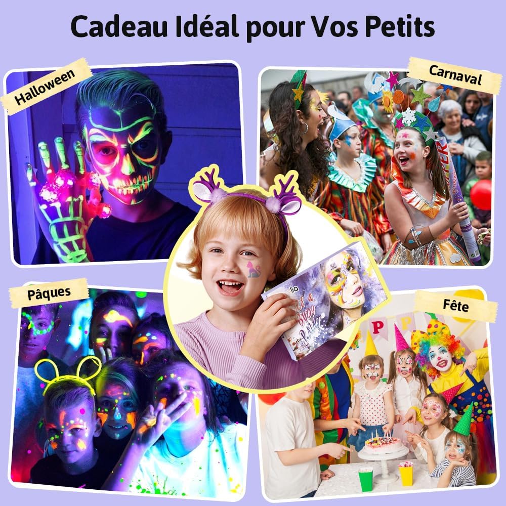 Palette de maquillage enfant : 34 couleurs fluorescentes UV pour des fêtes inoubliables Idéale pour carnaval, Halloween et anniversaires, ce kit inclut 3 pinceaux pour une créativité sans limites – Image 9