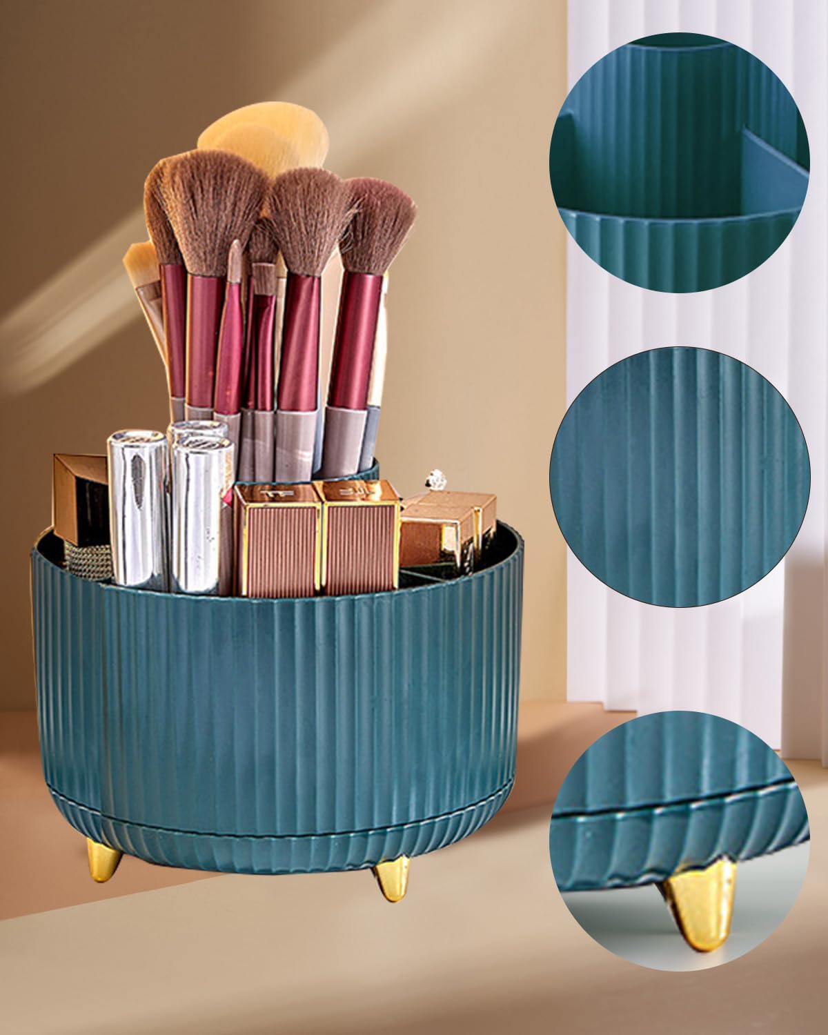 Organisateur maquillage rotatif : le rangement idéal pour vos cosmétiques en couleur cyan Optimisez votre espace beauté avec cet élégant support multifonctionnel pour crayons cosmétiques – Image 3