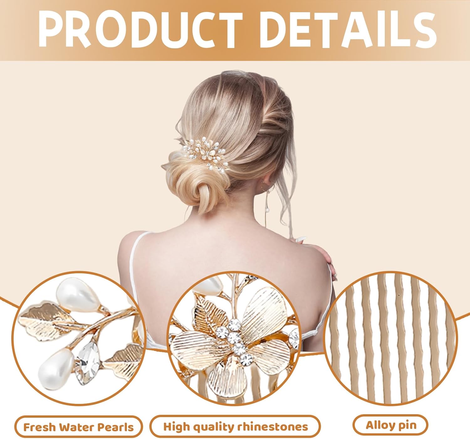 Peigne à cheveux doré : accessoire élégant pour mariées et filles avec perles et feuilles, idéal pour mariages, bals et occasions spéciales – Image 3