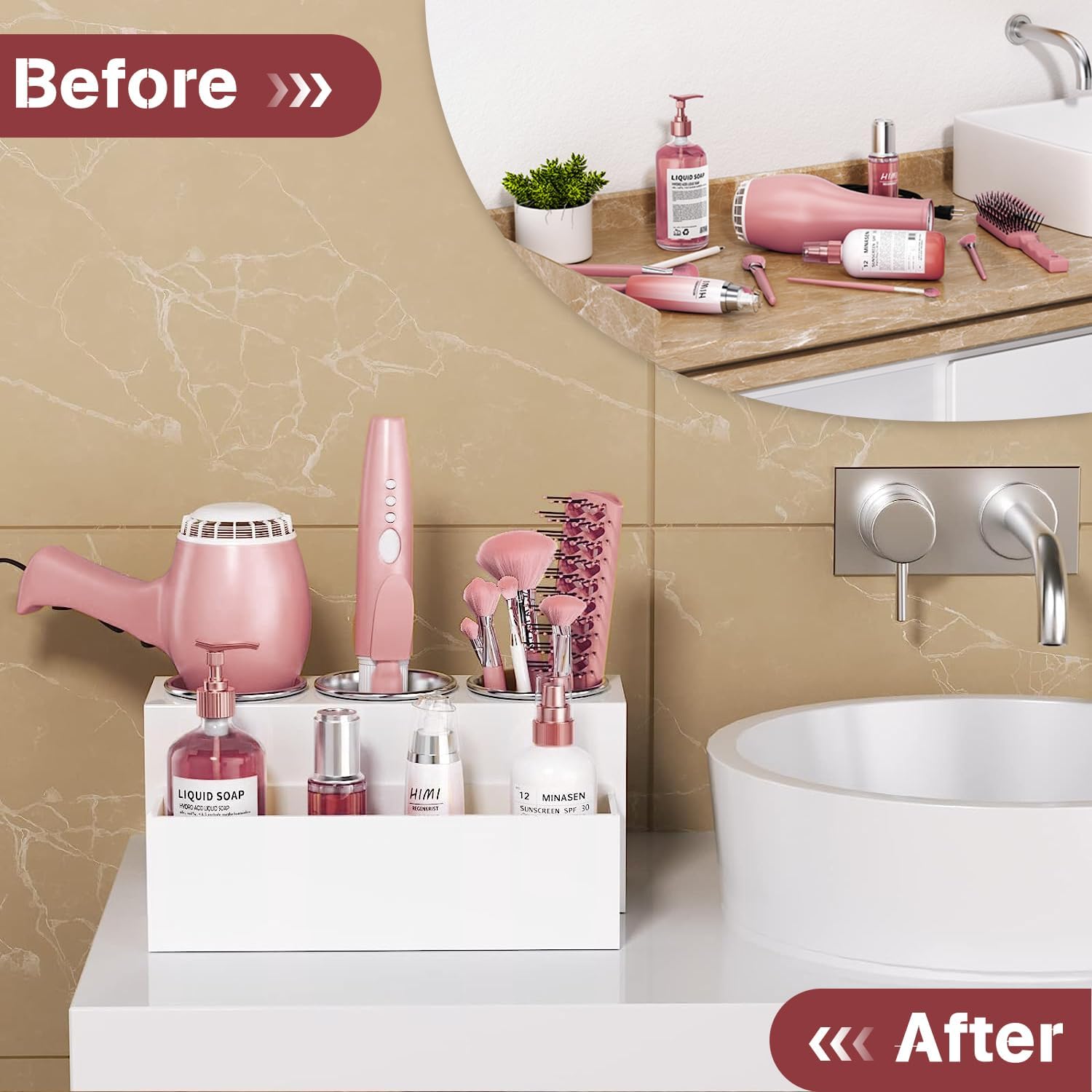 Support de sèche-cheveux : l'organisateur idéal pour coiffeuses et salles de bain Optimisez votre espace avec ce rangement élégant pour sèche-cheveux et fers à lisser – Image 4