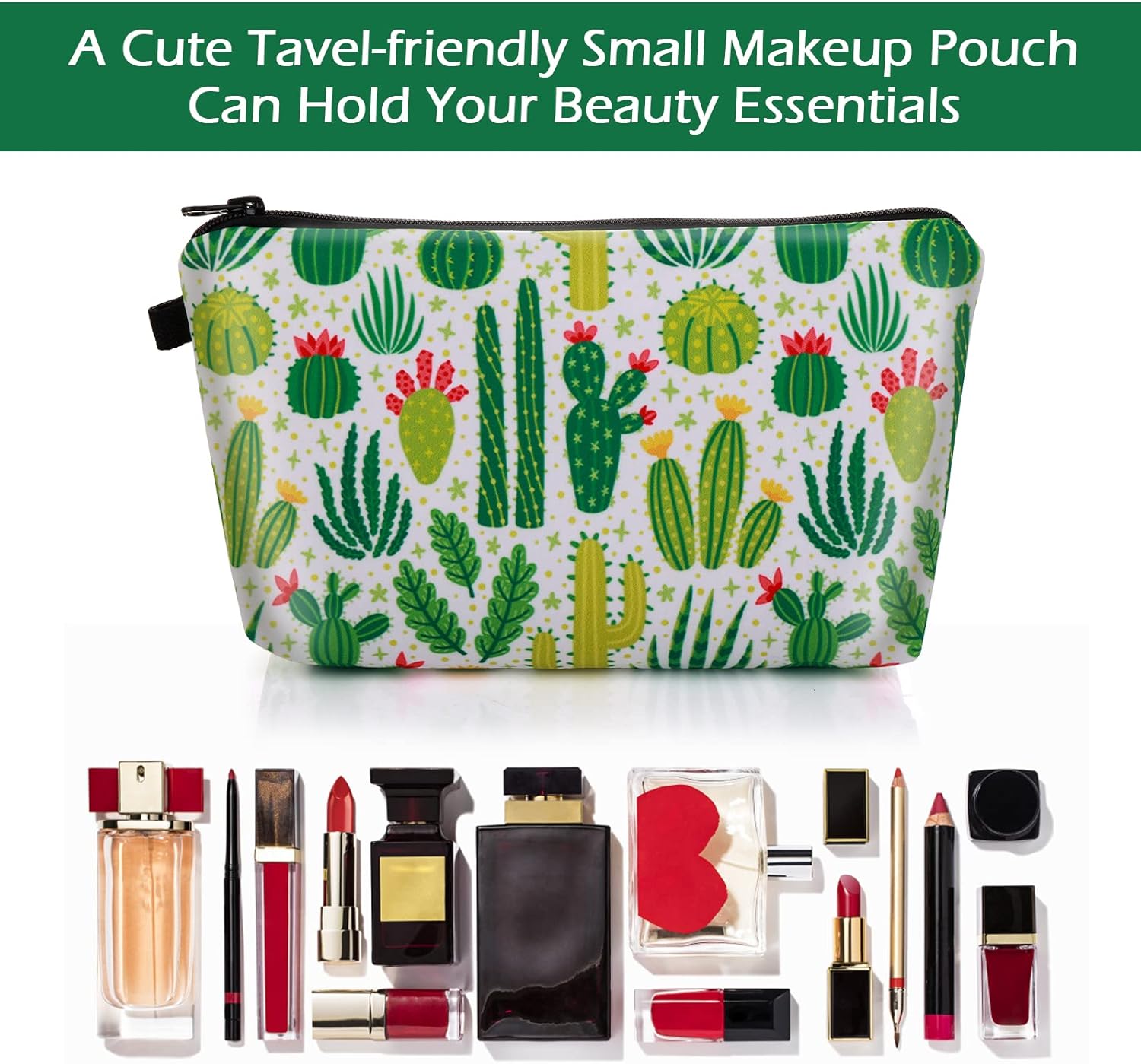 Petite trousse à maquillage en toile : l'accessoire de voyage idéal pour adolescentes Ranger vos produits de beauté avec style grâce à son design cactus vert – Image 4
