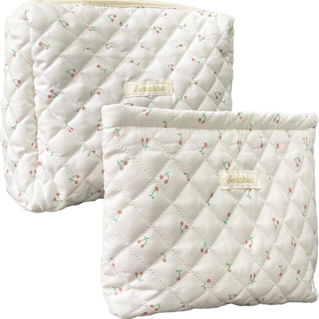Trousse de maquillage : pochette matelassée pour femme avec motifs de cerises, idéale pour organiser vos essentiels de beauté