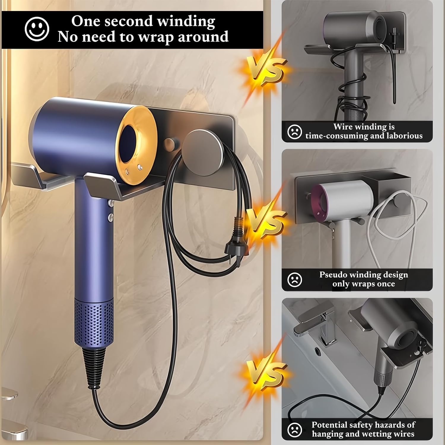 Support de sèche cheveux : solution pratique et élégante pour votre salle de bain Support mural universel avec coussinet en silicone, idéal sans perçage – Image 4