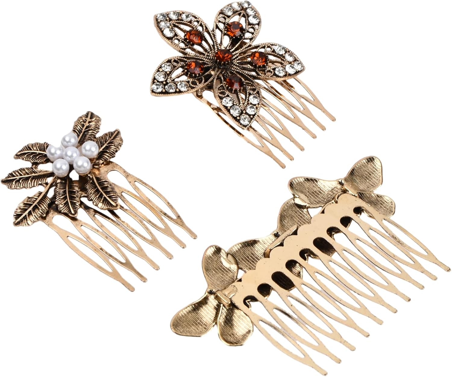 Peignes latéraux vintage en métal pour femmes : l'élégance rétro avec strass et perles dorées pour sublimer vos coiffures de mariage – Image 3