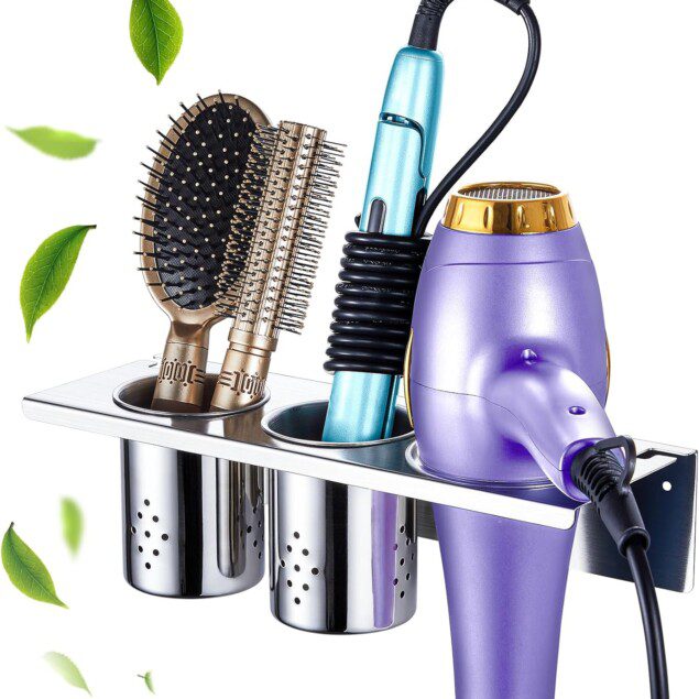 Support de sèche-cheveux et lisseur en inox : rangement élégant pour salle de bain d’hôtel