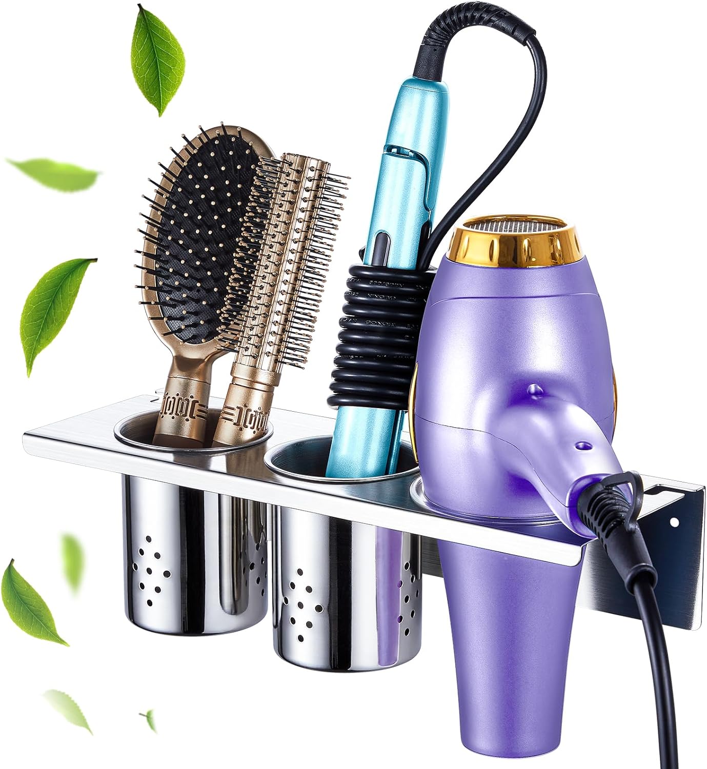Support de sèche-cheveux et lisseur en inox : rangement élégant pour salle de bain d’hôtel