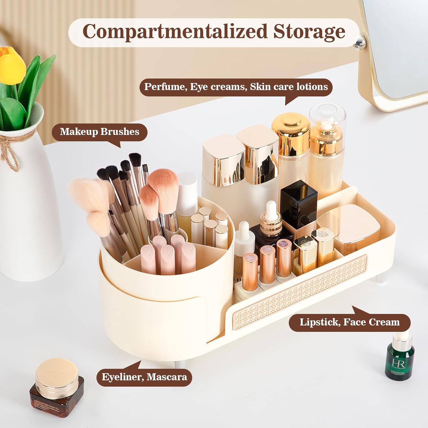 Organisateur maquillage rotatif 360 degrés : le rangement idéal pour les passionnées de beauté Découvrez notre organisateur maquillage 2 en 1, parfait pour optimiser l'espace de votre coiffeuse, salle de bain ou chambre à coucher. Grâce à ses multiples compartiments, il permet un rangement pratique et élégant de vos produits de beauté et pinceaux, tout en ajoutant une touche de style à votre décoration. – Image 3