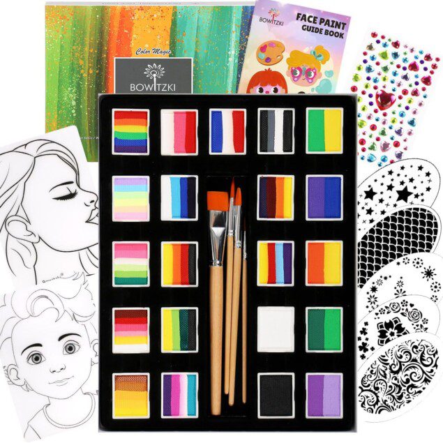 Peinture de visage professionnelle : kit complet Bowitzki pour enfants et adultes avec 21 couleurs éclatantes  Découvrez notre kit de peinture de visage de 21 couleurs, idéal pour les enfants et les adultes, parfait pour Halloween, Noël ou Pâques. Avec ses outils pratiques, y compris des pinceaux, un tableau d'exercice et un guide, créez des œuvres d'art éblouissantes tout en garantissant une utilisation non toxique et sécurisée. Transformez vos événements festifs en moments inoubliables grâce à ce set de maquillage corporel aux couleurs de l'arc-en-ciel !