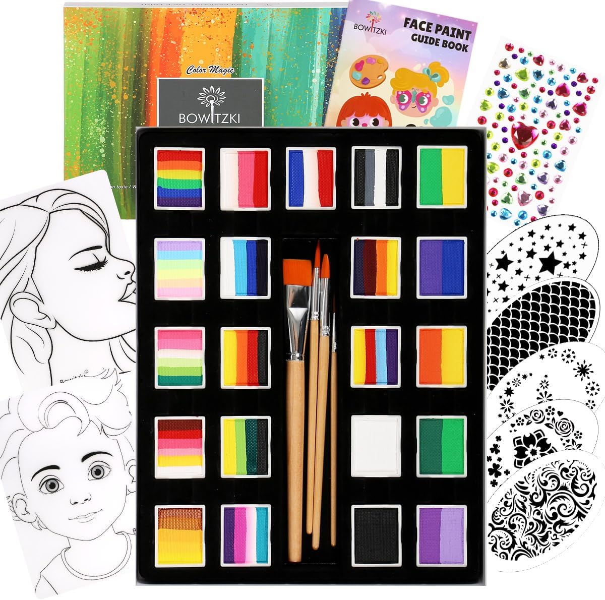 Peinture de visage professionnelle : kit complet Bowitzki pour enfants et adultes avec 21 couleurs éclatantes  Découvrez notre kit de peinture de visage de 21 couleurs, idéal pour les enfants et les adultes, parfait pour Halloween, Noël ou Pâques. Avec ses outils pratiques, y compris des pinceaux, un tableau d'exercice et un guide, créez des œuvres d'art éblouissantes tout en garantissant une utilisation non toxique et sécurisée. Transformez vos événements festifs en moments inoubliables grâce à ce set de maquillage corporel aux couleurs de l'arc-en-ciel !