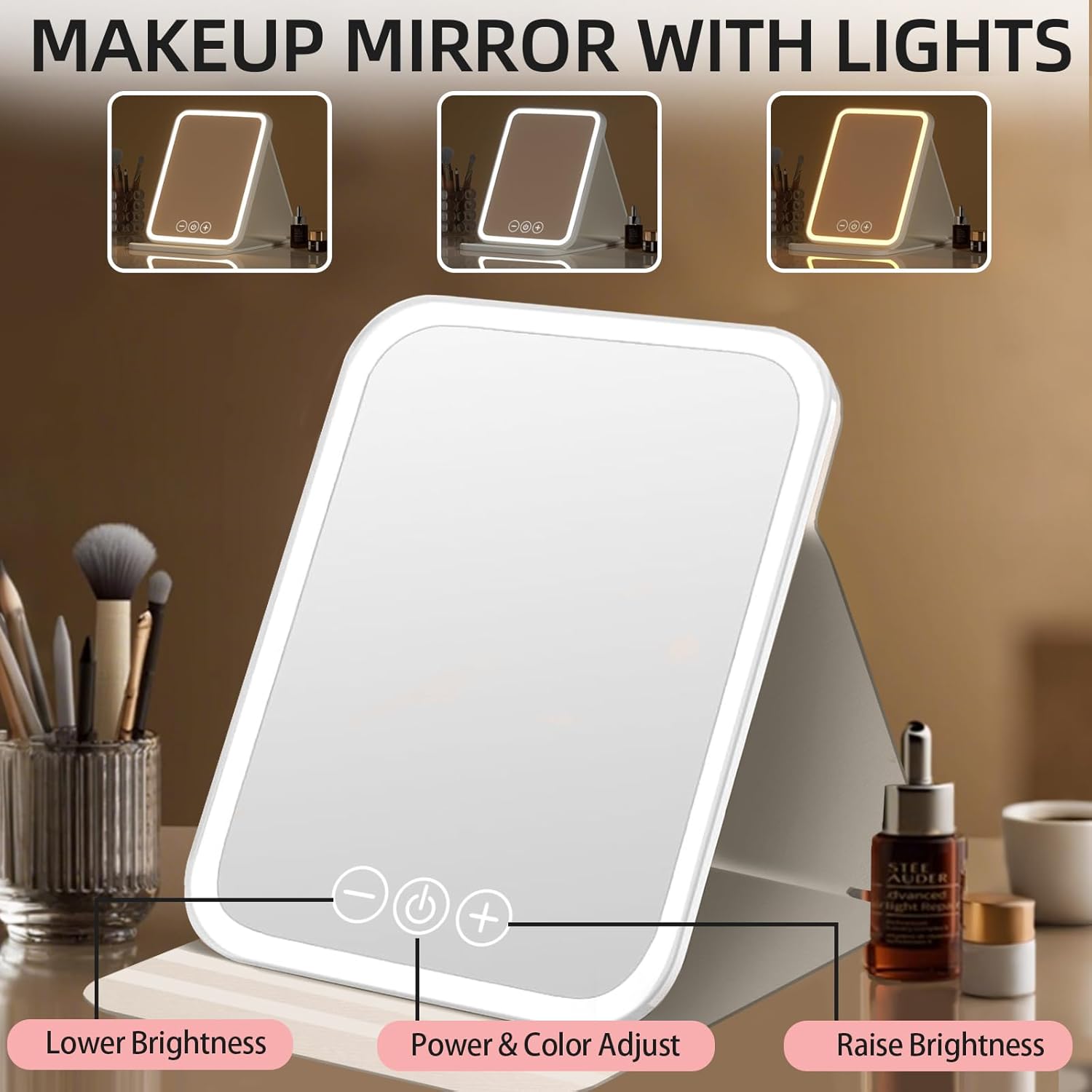Miroir de maquillage lumineux : l'accessoire rechargeable et portable pour les voyages et la maison Découvrez le miroir pliable Ultra HD avec 3 couleurs de lumière et luminosité réglable, idéal pour un maquillage parfait en toutes circonstances. – Image 3