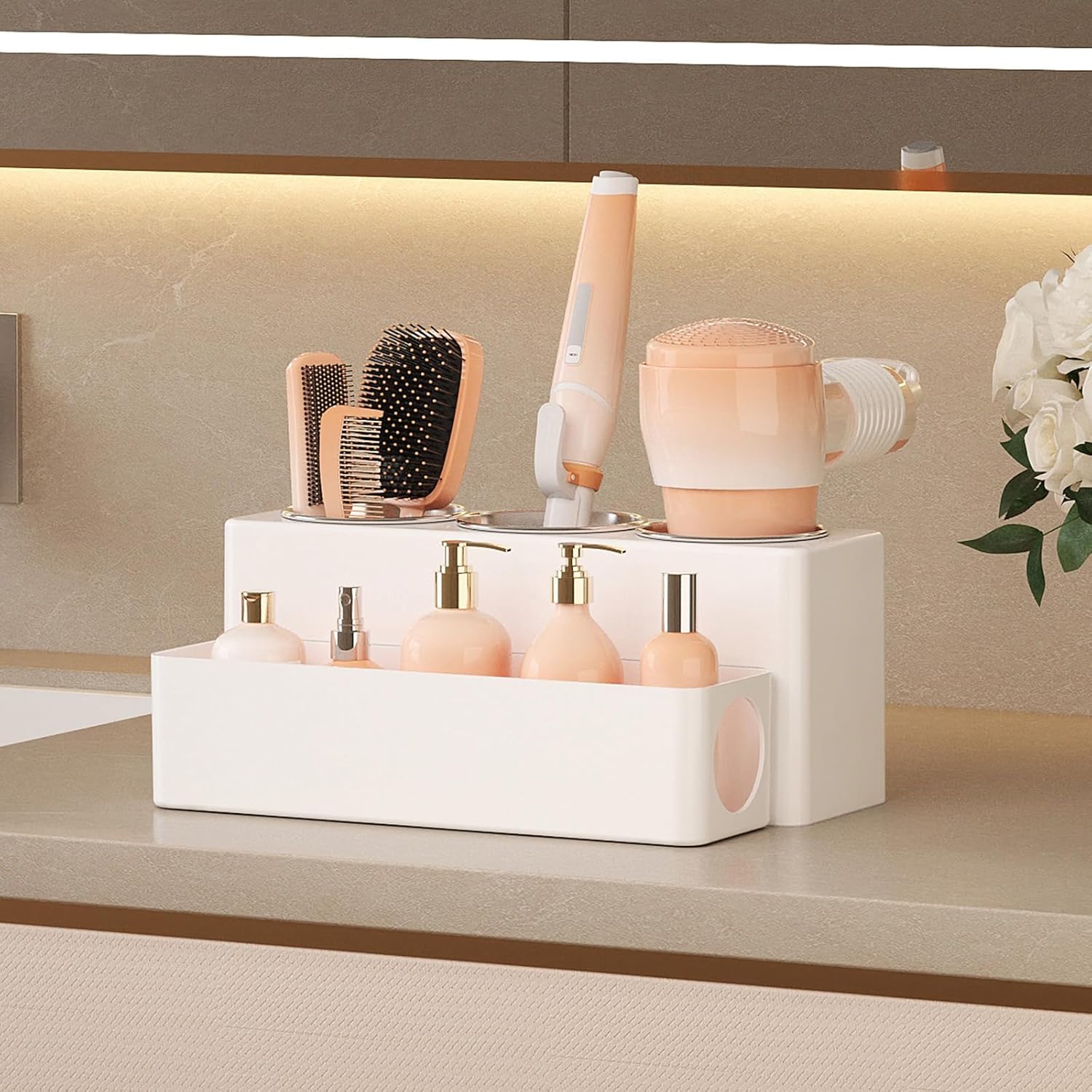 Support pour sèche-cheveux et fer à lisser : rangement élégant pour salle de bain Organisateur pratique en blanc pour une coiffeuse toujours rangée – Image 4