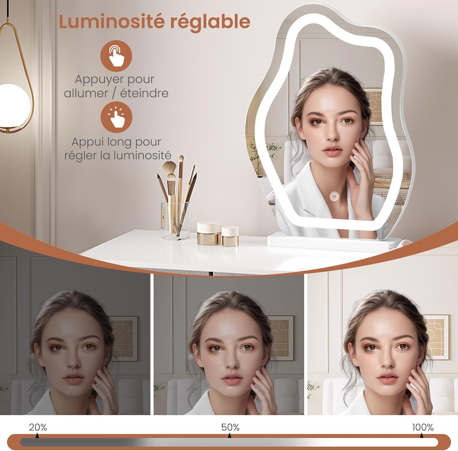 Miroir coiffeuse LED pour femmes : sublimez votre routine beauté avec 3 niveaux d'éclairage et luminosité réglable – Image 4
