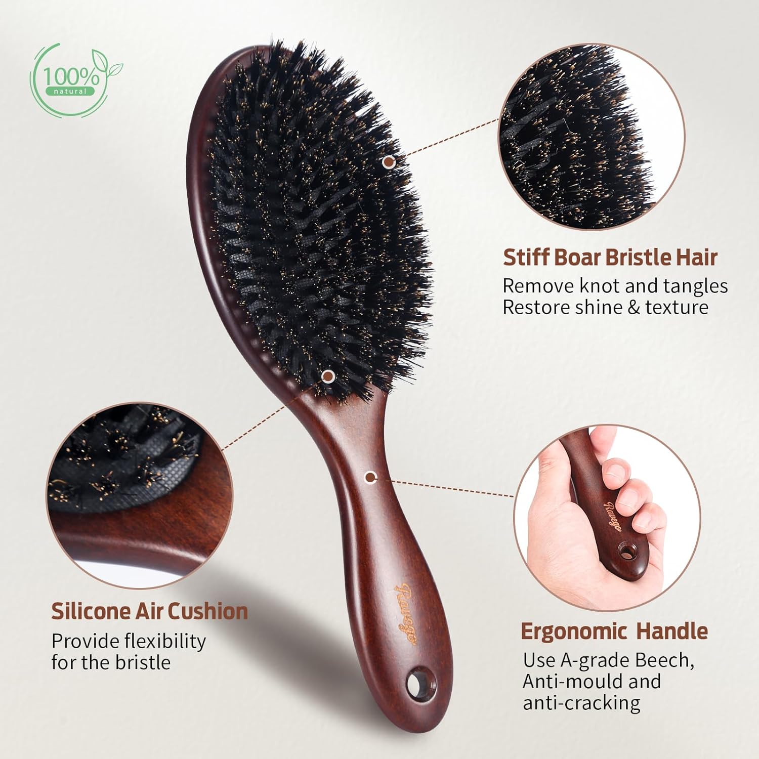 Brosse à cheveux en poils de sanglier : pour une coiffure parfaite des femmes, hommes et enfants Démêlez et coiffez vos cheveux fins grâce à des poils naturels et rigides – Image 4