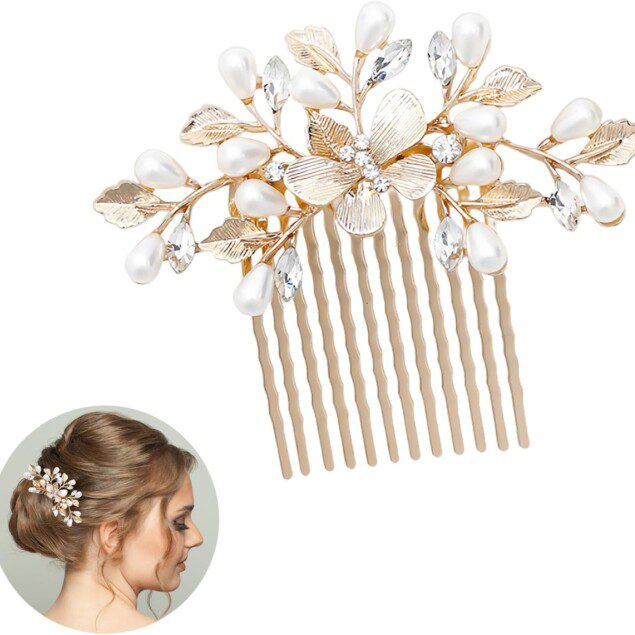 Peigne à cheveux doré : accessoire élégant pour mariées et filles avec perles et feuilles, idéal pour mariages, bals et occasions spéciales