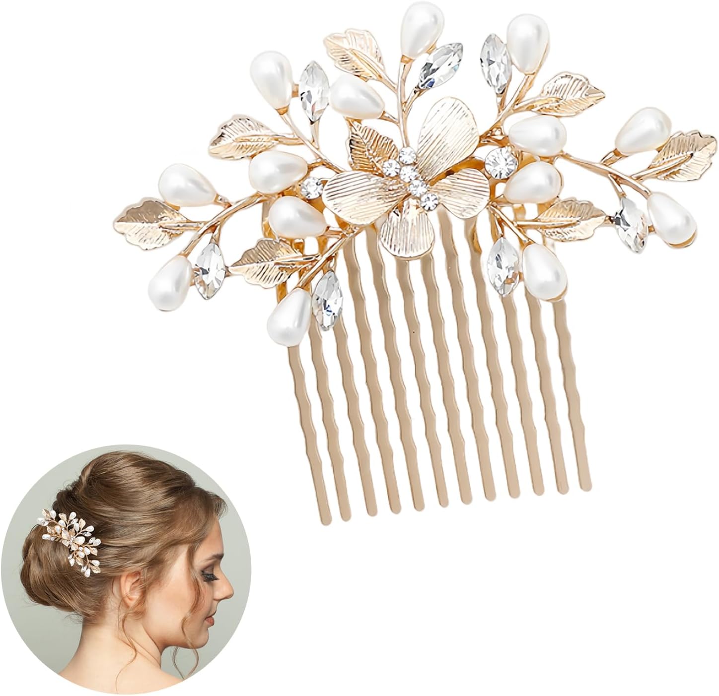 Peigne à cheveux doré : accessoire élégant pour mariées et filles avec perles et feuilles, idéal pour mariages, bals et occasions spéciales
