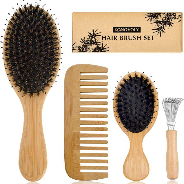 Brosse à cheveux en bambou 4PCS : le soin idéal pour démêler vos cheveux en douceur Pour hommes et femmes, profitez d'un massage relaxant du cuir chevelu et d'une finition antistatique