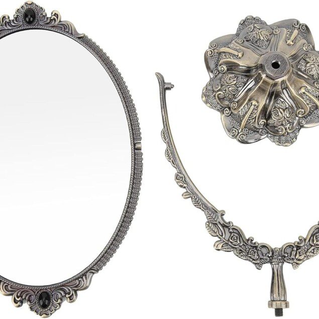 Miroir de maquillage décoratif pour chambre à coucher : élégance vintage avec support en métal et double face pour un look parfait