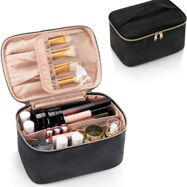 Trousse de maquillage noire : l'organisateur de voyage idéal pour femmes   Emportez vos essentiels avec style et praticité grâce à ce sac cosmétique portable de grande capacité, parfait pour les voyages.