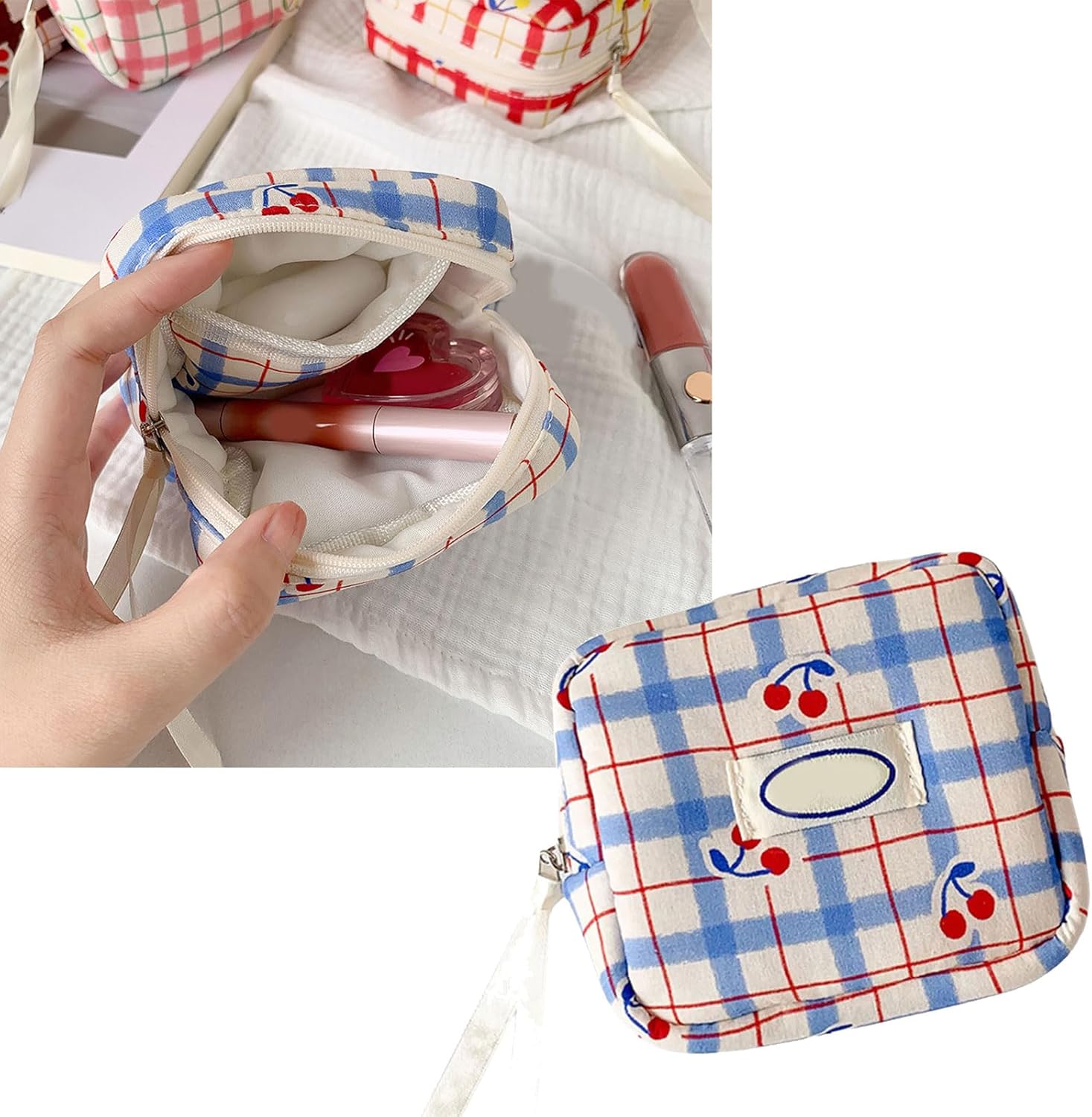 Sac de rangement à motifs quadrillés : idéal pour les amoureux des fruits et des accessoires de maquillage Découvrez un rangement élégant et pratique avec plusieurs poches pour une beauté toujours organisée – Image 2