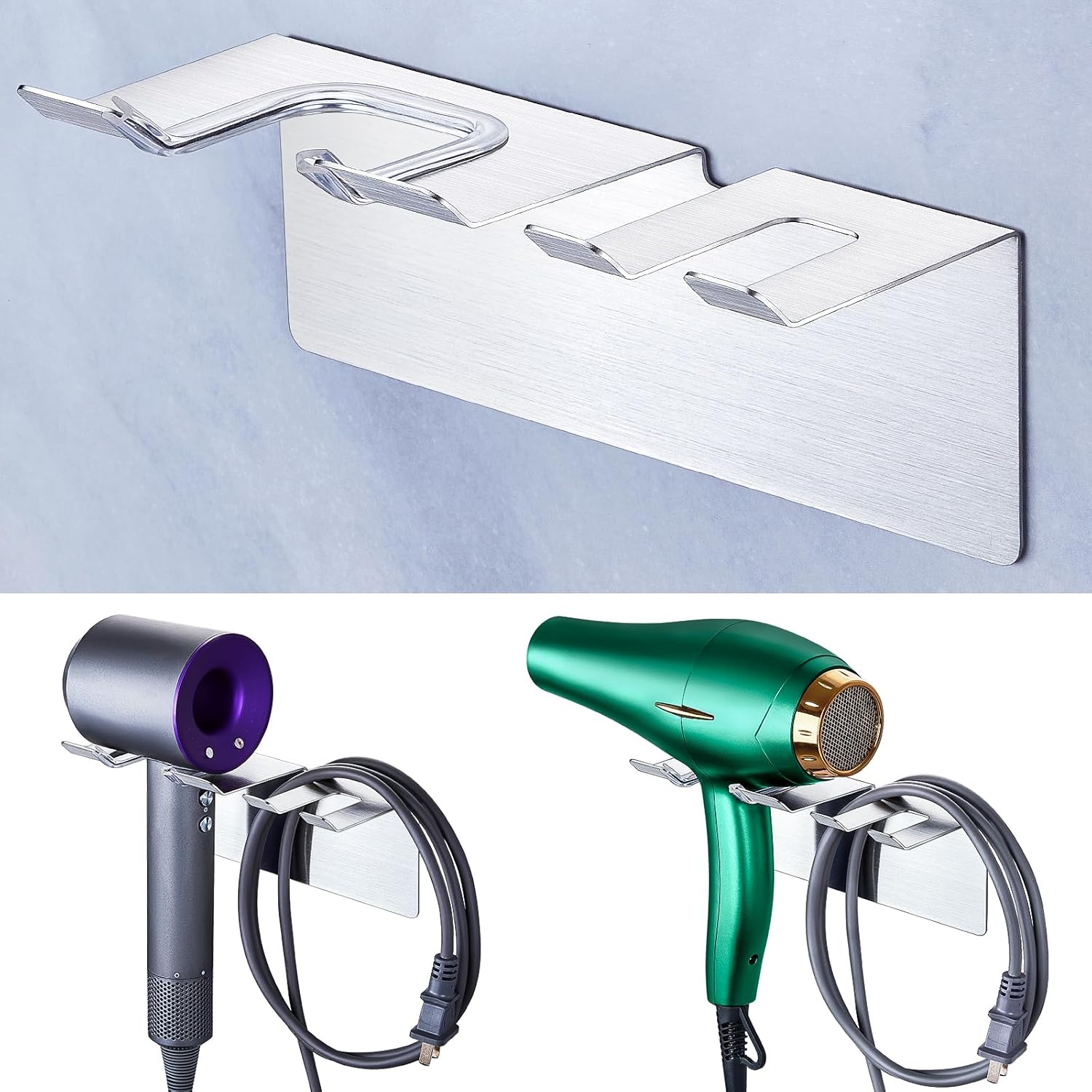 Support pour sèche-cheveux : un porte mural auto-adhésif en acier inoxydable pour un rangement élégant et pratique dans votre salle de bain