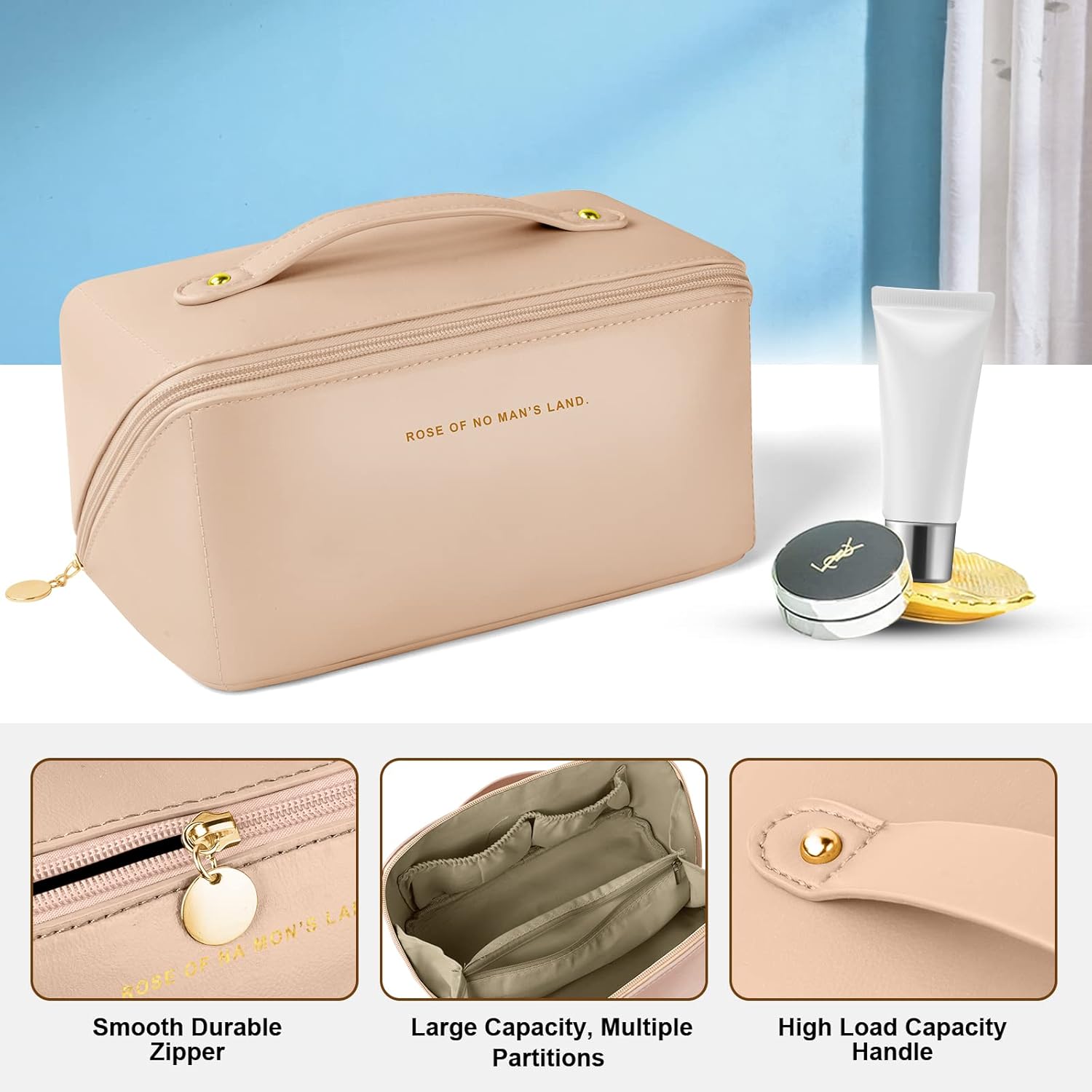 Grande trousse à maquillage voyage : l'accessoire idéal pour les femmes en déplacement Étanche et portable, cette trousse de rangement toilette en cuir PU allie élégance et praticité – Image 3