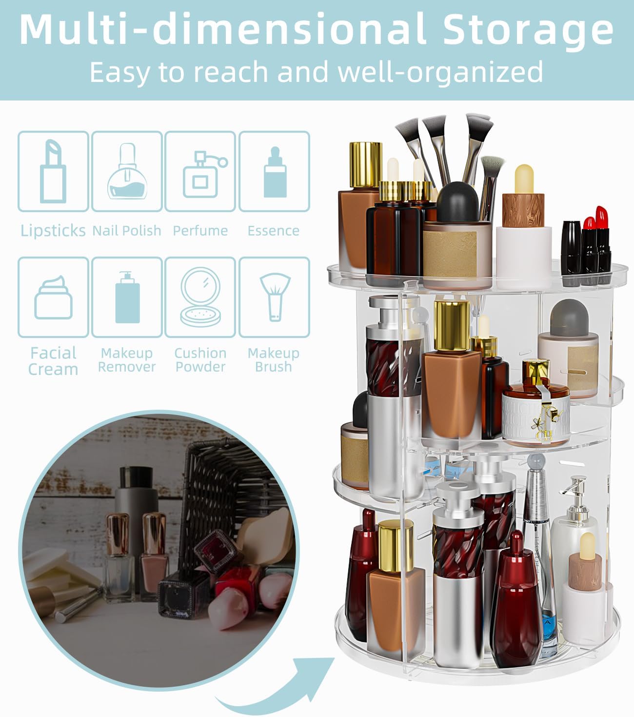 Organisateur maquillage rotatif 360 degrés : la solution parfaite pour les coiffeuses et amateurs de beauté Découvrez un rangement multifonctionnel et élégant qui optimise votre espace tout en offrant une grande capacité et une transparence moderne. – Image 3