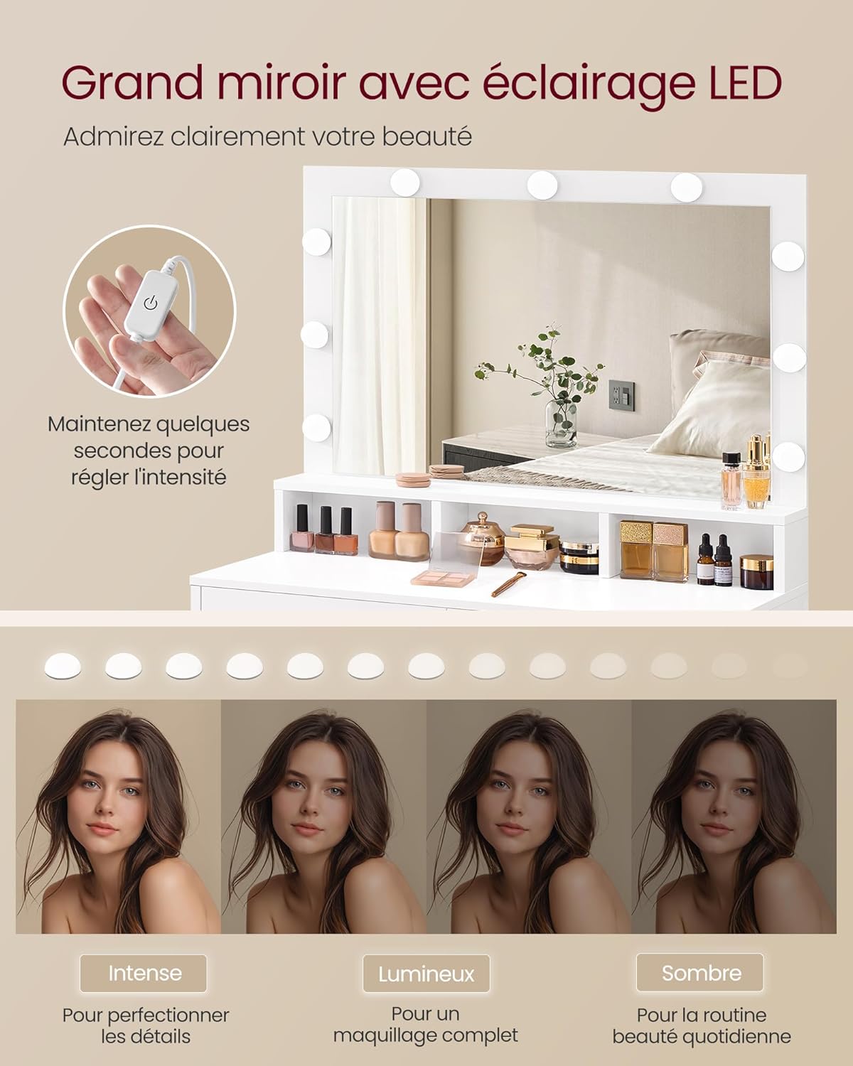 Coiffeuse moderne avec grand miroir LED : l'alliée parfaite pour les passionnées de beauté – Image 3