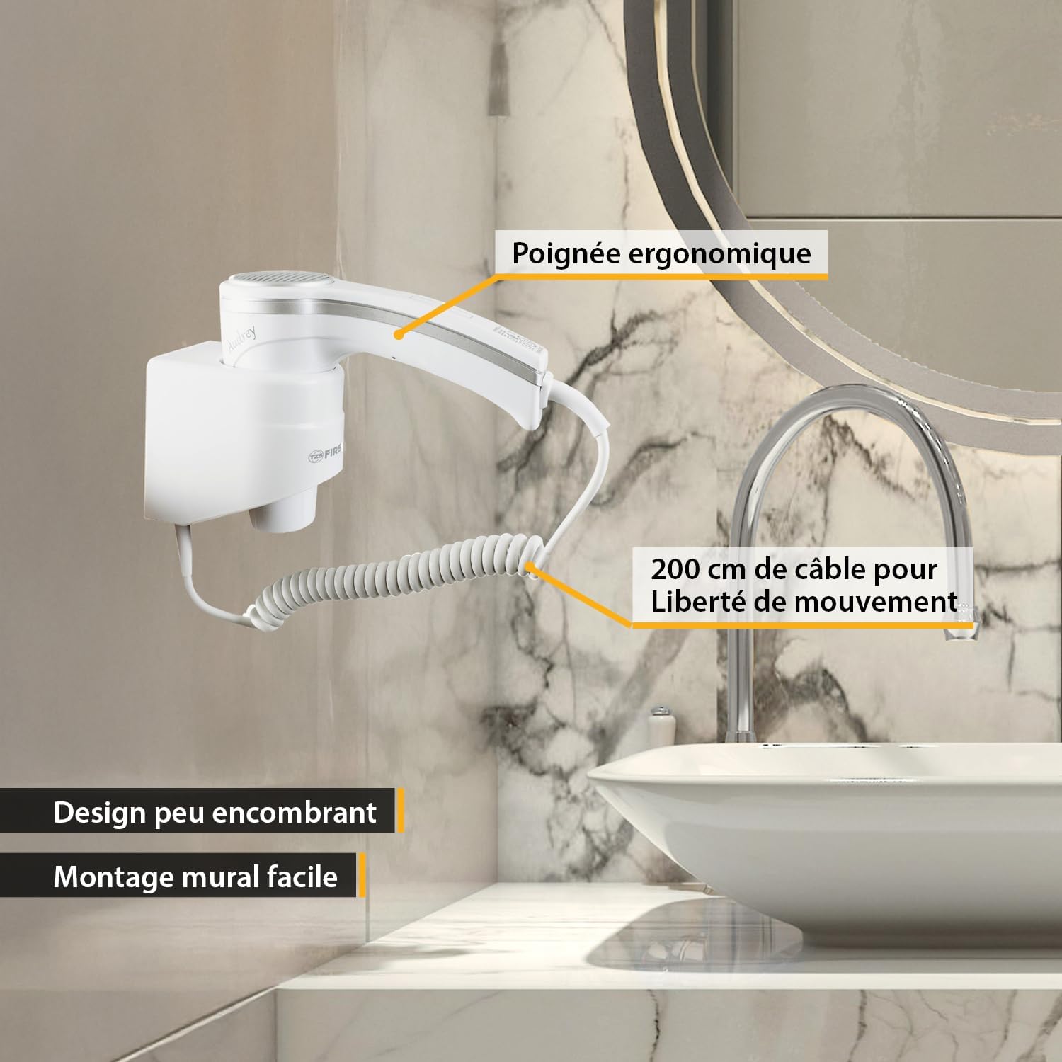 Sèche-cheveux blanc 1200W avec support mural : pour un séchage rapide et pratique à la maison – Image 3