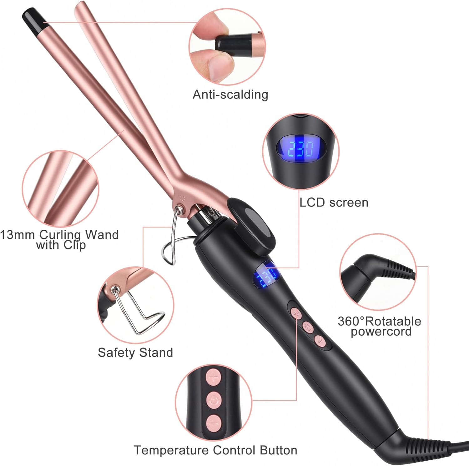 Boucleur à cheveux 13 mm : fer à boucler à pince pour ondulations naturelles et élégantes Chauffage homogène avec écran LCD 130-210°C, idéal pour tous types de cheveux – Image 5