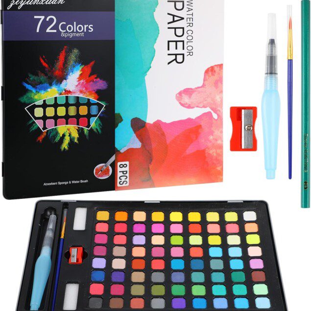 Aquarelle peinture : kit complet de 72 couleurs pour artistes et enfants   Découvrez notre palette d'aquarelle avec pinceau, réservoir, crayon, papier et éponge, idéale pour stimuler la créativité et réaliser des œuvres vibrantes.