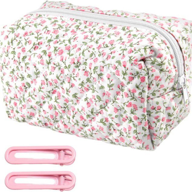 Pochette maquillage en coton texturé : élégante trousse florale rose pour vos voyages et aventures